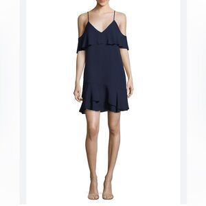 PARKER Thatcher Navy Cold Shoulder Ruffled Silk Dress Size Small